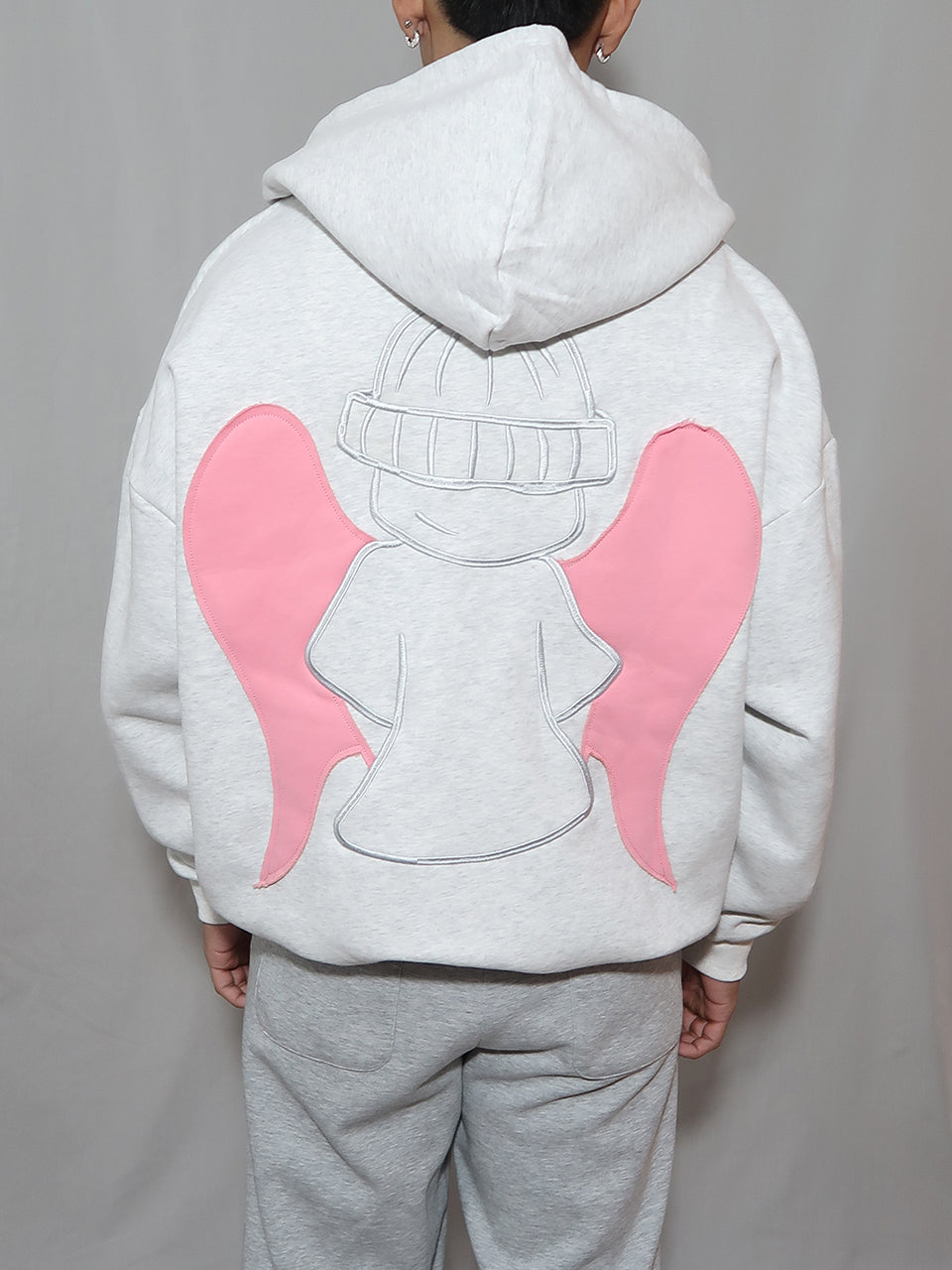 OVERSIZE ZIP UP HOODIE - GREY/PINK