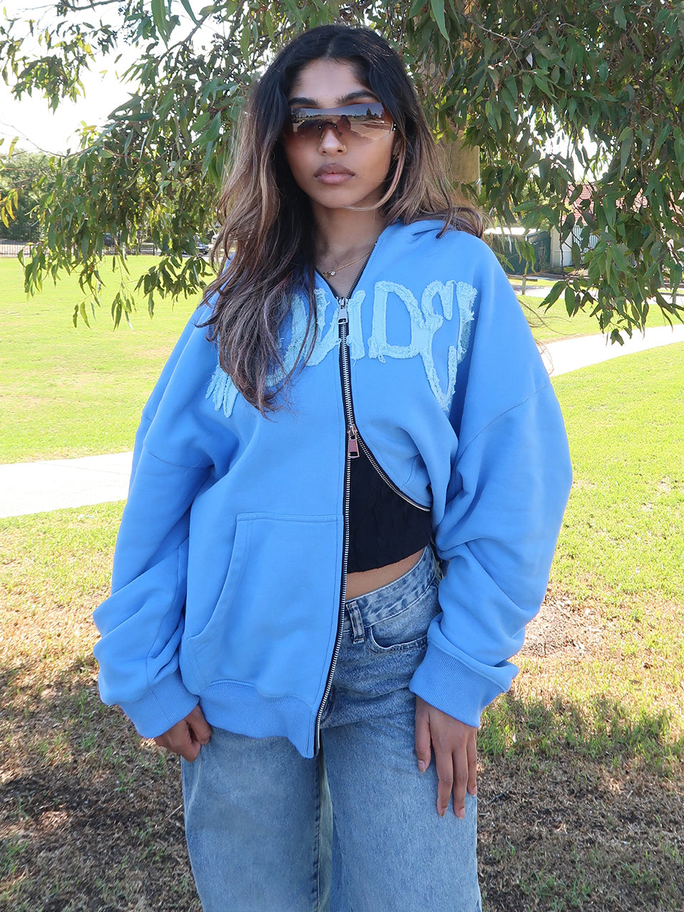 OVERSIZE ZIP UP HOODIE - BLUE/BLUE